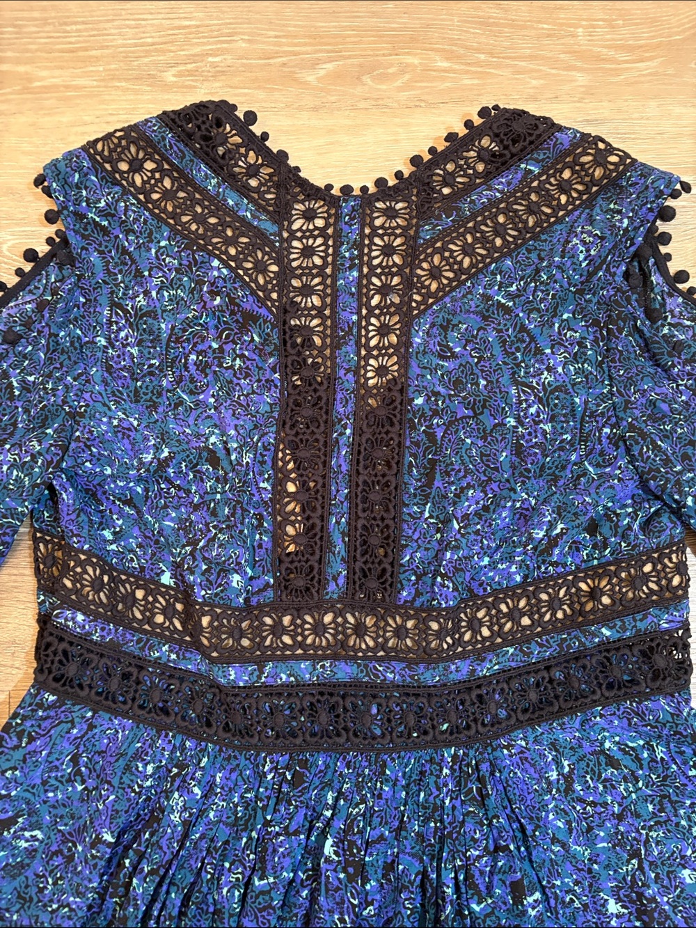 NWT Rebecca Taylor Blue Floral Printed Black Crochet Lace-Pom PomTrim 100% Silk - Picture 10 of 13
